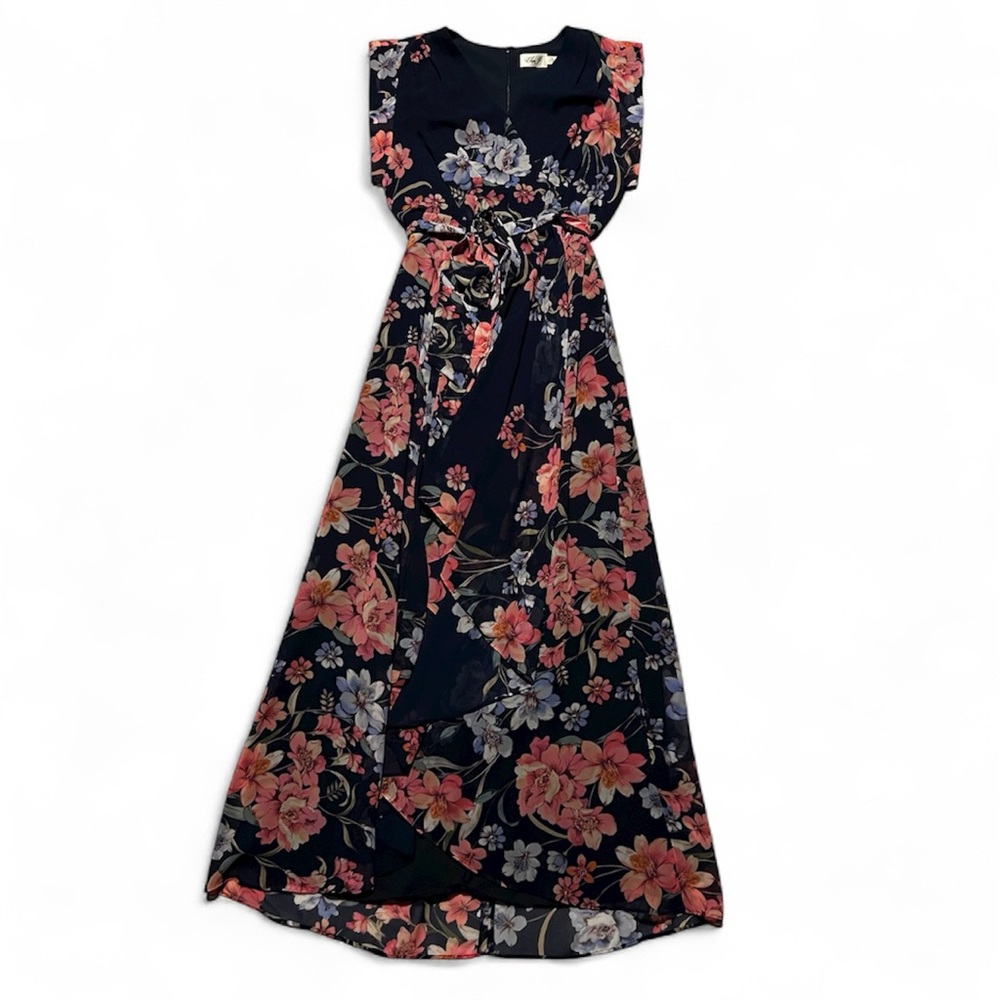 Eliza J Navy Floral Wrap High Low Maxi Dress Romantic Wedding Guest Flowy garden - Picture 4 of 10